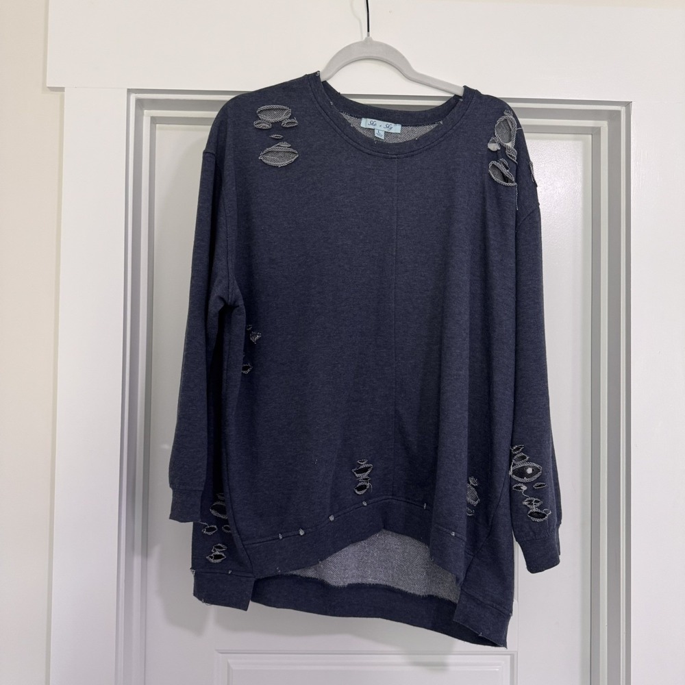 She‎ + Sky Distressed Knit Sweater Blue Size Large